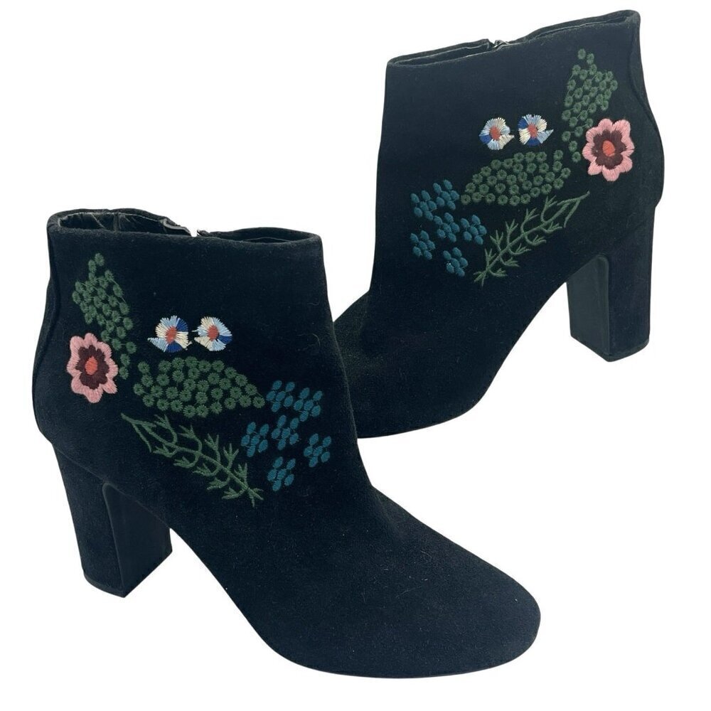 Nanette Lepore Beverly Black Suede Embroidered Ankle Boots Bootie 9.5M Boho